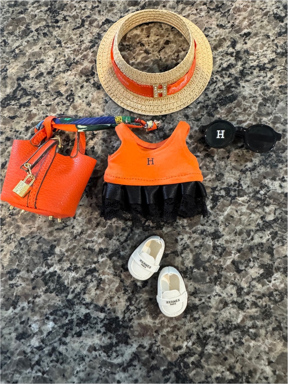 Hermes Labubu Orange & Black Dress Set with Straw Hat and Accessories